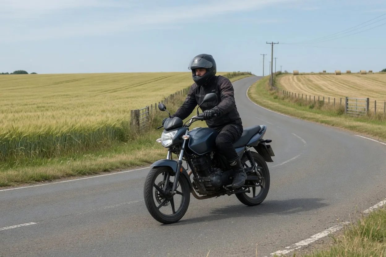Motorka střední třídy na okresní silnici, jezdec v plné výstroji projíždí mírnou zatáčku
