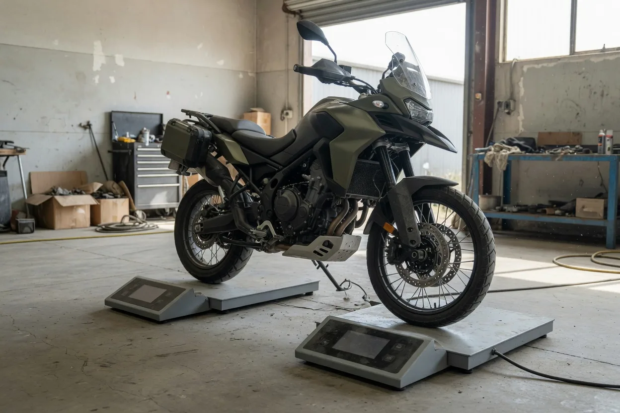 Motorka stojí koly na plošinové váze v dílně