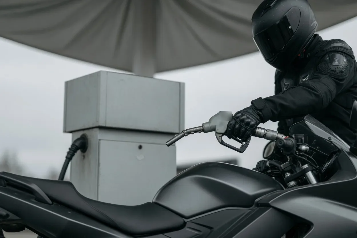 Motorka u stojanu čerpací stanice při tankování