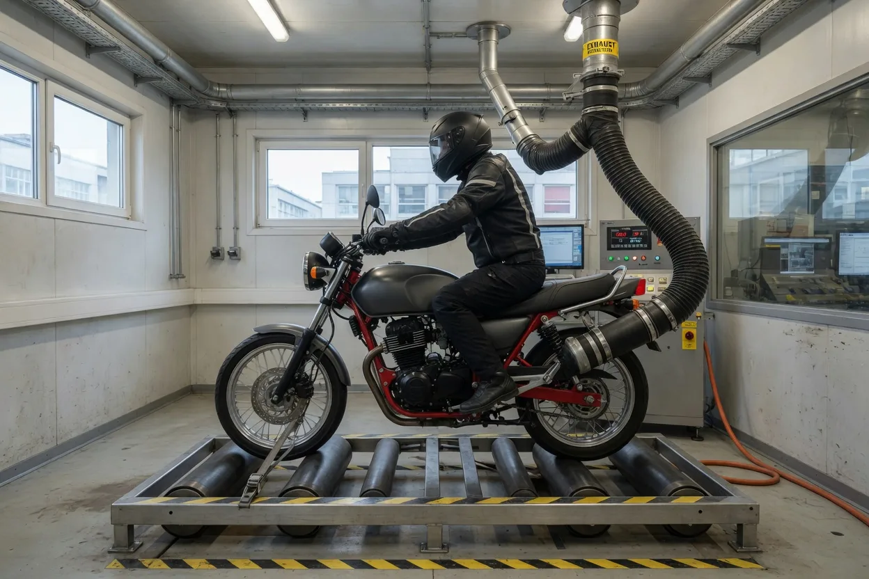 Motorka na válcové zkušebně v emisní laboratoři s odsáváním výfukových plynů