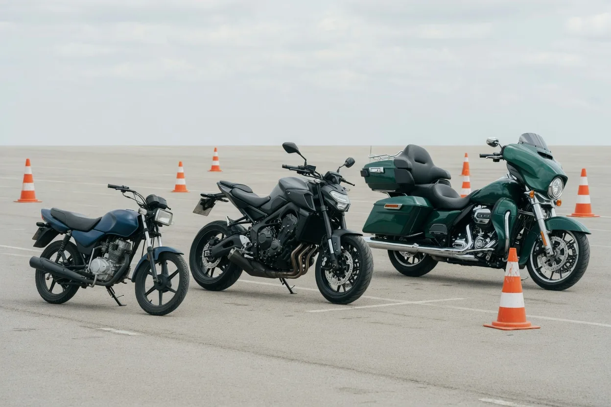 Tři motorky různé velikosti vedle sebe na cvičné ploše s kužely