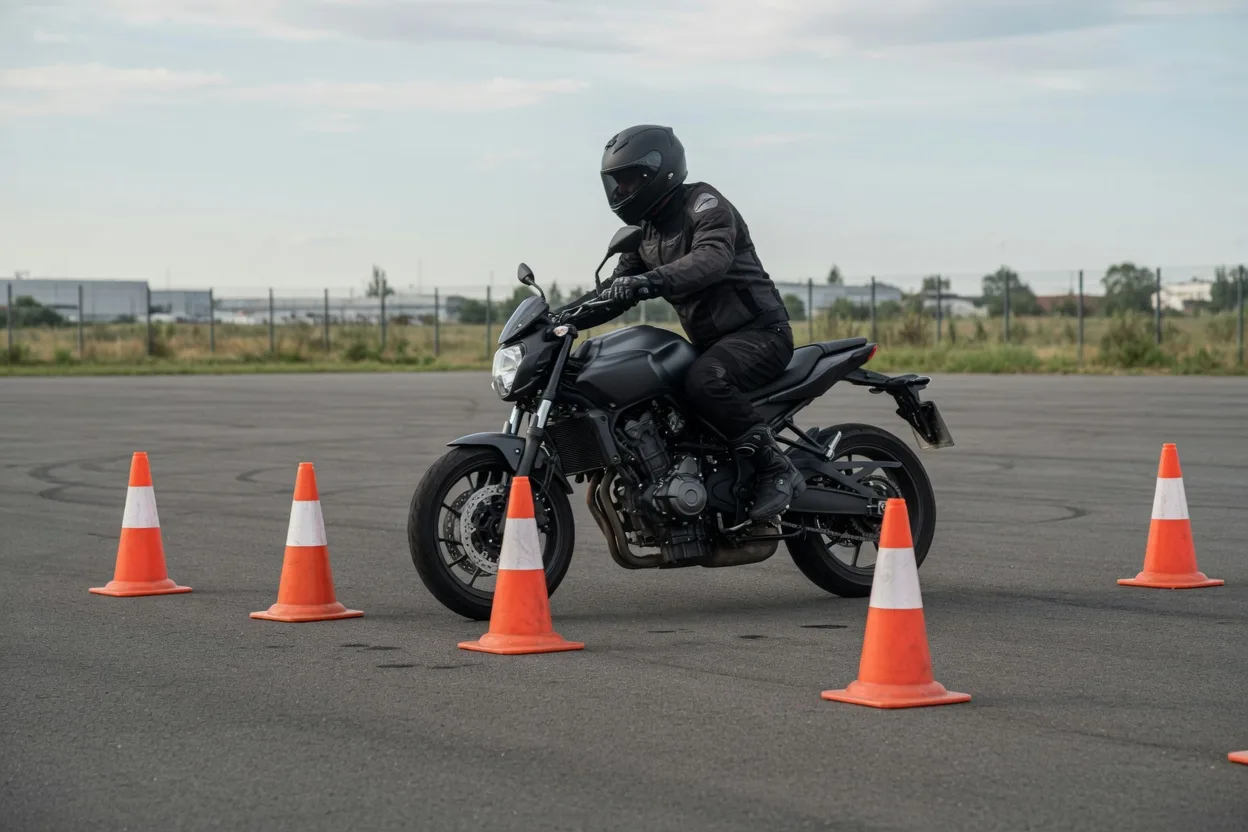 Motorkář v plné výstroji projíždí pomalý slalom mezi kužely na uzavřené cvičné ploše