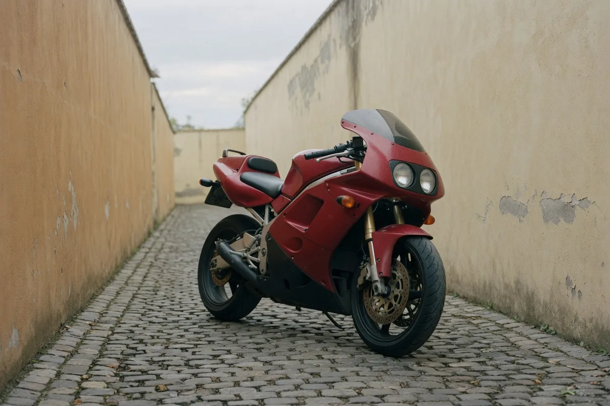 Ilustrační sportovní motocykl v stylu 90. let s kapotáží a dvojicí kulatých světel v italské uličce
