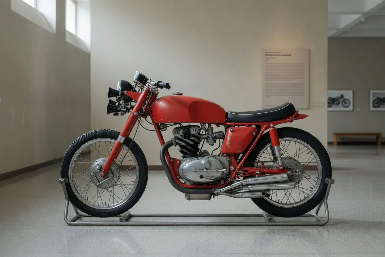 Ilustrační historický čtyřválcový závodní motocykl na stojanu v muzejním sále