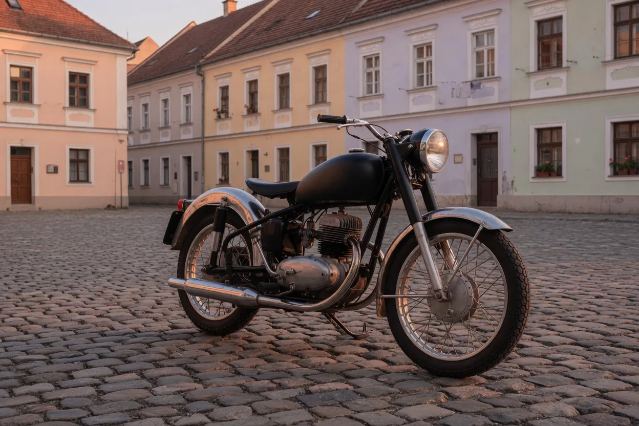 Ilustrační retro motocykl s kulatým světlometem na dlážděném náměstí