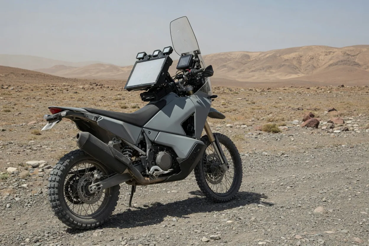 Ilustrační adventure motocykl rally stylu s navigační věží na štěrkové odstavné ploše