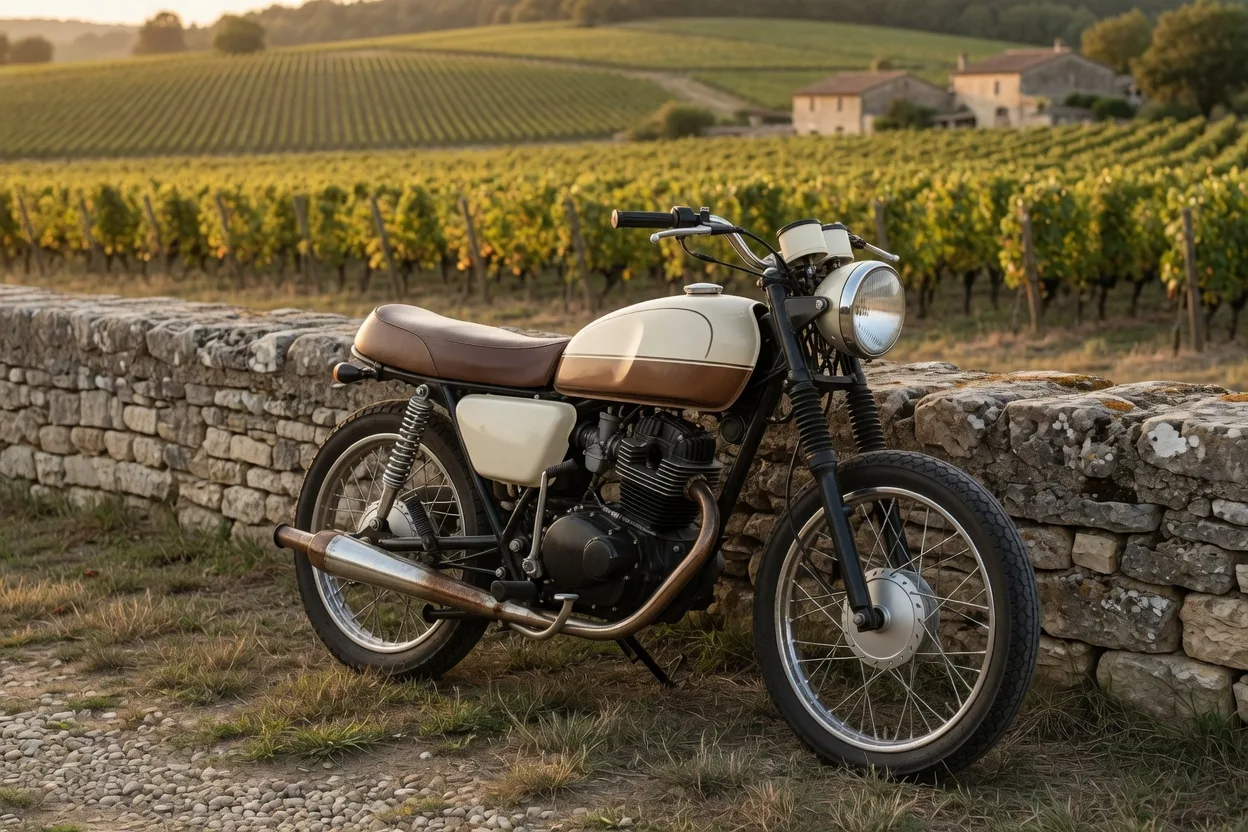 Ilustrační retro roadster malého objemu u kamenné zídky s vinicemi