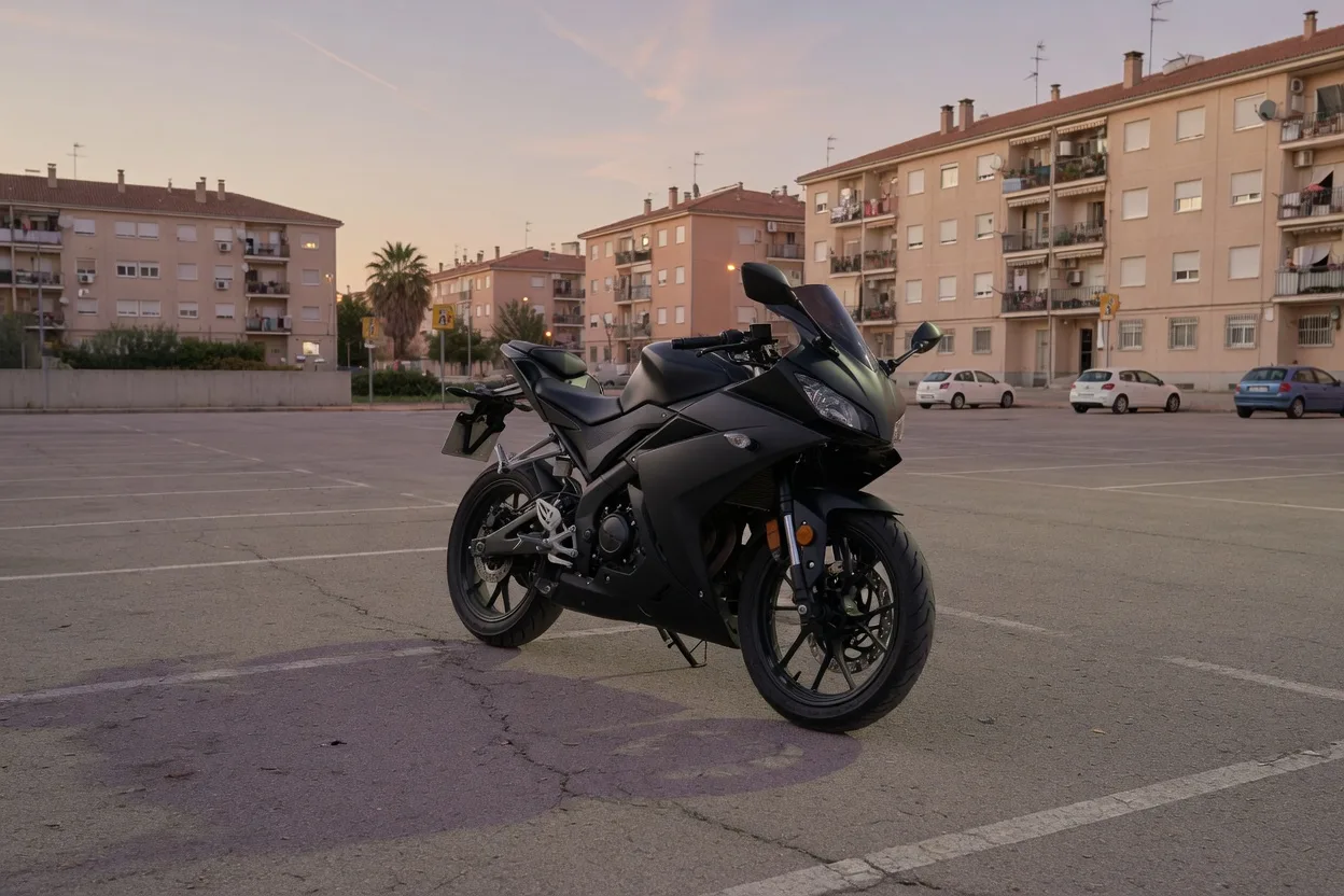 Ilustrační malý sportovní motocykl s kapotáží na parkovišti na okraji Madridu