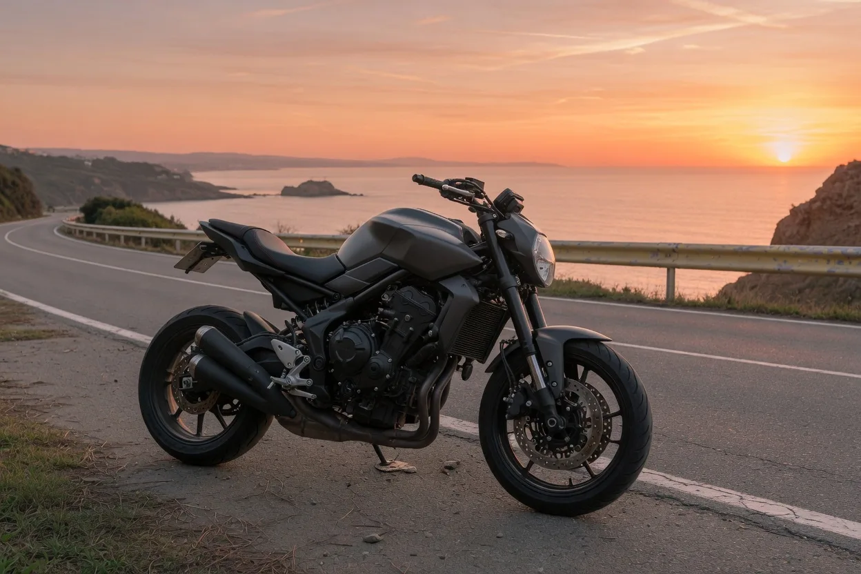 Ilustrační sportovní naked motocykl u pobřežní silnice